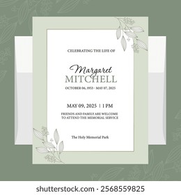 Funeral flyer template with green abstract flowers on a white background