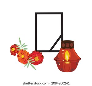 Funeral Frame With A Black Ribbon, A Burning Candle In An Icon Lamp, A Bouquet Of Orange Marigold Flowers, A Symbol Of The Mexican Holiday Day Of The Dead. Concept: Remembrance, Sorrow, Grief, Loss, 