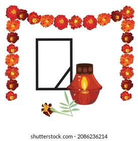 Funeral Frame With A Black Ribbon, A Burning Candle In A Lamp, A Garland Of Calendula Flowers, A Symbol Of The Mexican Holiday Day Of The Dead. Concept: Remembrance, Sorrow, Grief, Loss, Sorrow, Funer