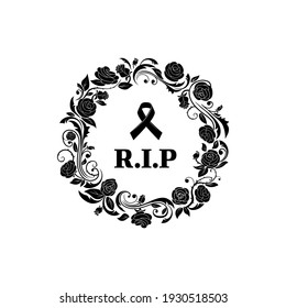 Funeral frame floral or flowers border, vector obituary and mourning memorial banner. Funeral black floral wreath with RIP condolence for dead memory, ornate flowers for tomb or cremation urn plaque