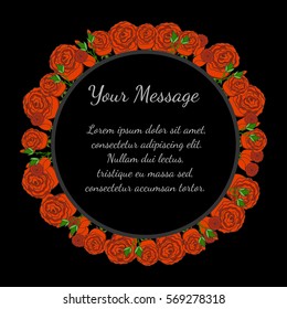 Funeral frame with red roses. Mourning illustration with flowers. Black background.
