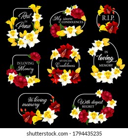 Funeral frames and obituary card borders, vector memorial condolences. Funeral floral frames black plaques for mourning and loving memory, RIP rest in peace remembrance, flower wreath mortuary plates