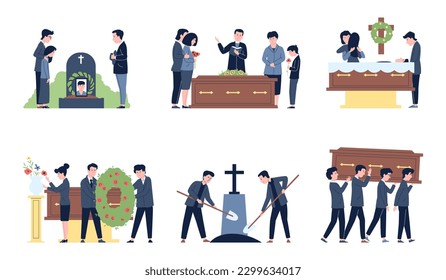 Funeral graphics, family mourning and memorial ceremony. People and death, burial and memories. Mortal service, flat recent vector scenes