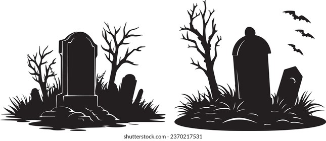 Funeral Grave Burial with Halloween Gravestone, Headstone, and Tombstone Icons: Vector Silhouettes of Tomb Stones. Christian Cemetery Monuments and Graveyard Tombstones