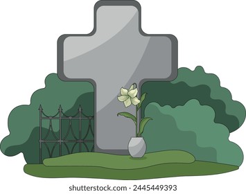 Funeral. A grave with a cross. There is a white lily on the grave. In the background there are greenery and a cemetery fence. The illustration is in a flat style.