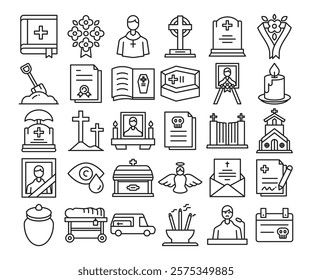 funeral and graveyard line icons set illustration