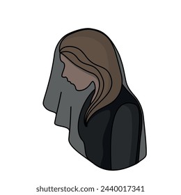 Funeral. A grieving woman in a black dress and veil bowed her head. Farewell to the deceased. An illustration for a funeral home.