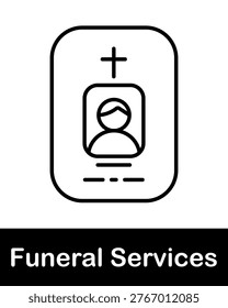 Funeral headstone with portrait line icon representing memorial plaque, remembrance of deceased person and cemetery tribute in minimal outline vector style