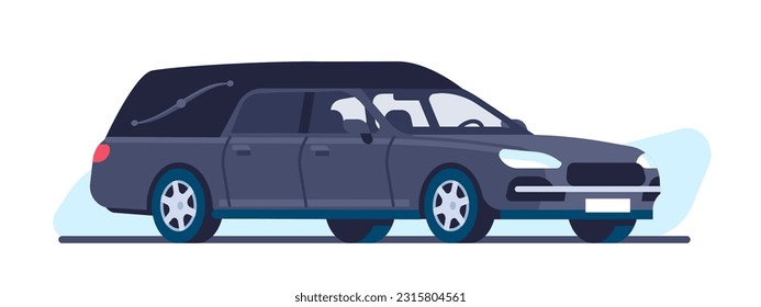 Funeral hearse. Cemetery transport service. Coffin automobile delivery. Burial ceremony. Hatchback limousine. Cortege to grave. Mourning transportation. Black vehicle