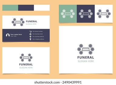 Diseño de tarjeta de visita de la funeraria con un ataúd rodeado de flores