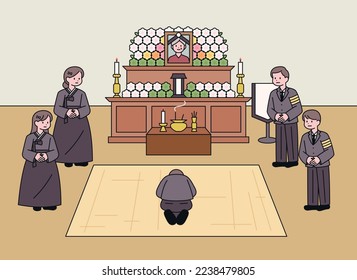 Funeral home in Korea. There is an altar with a picture of the deceased. The bereaved are standing and visitors are bowing.