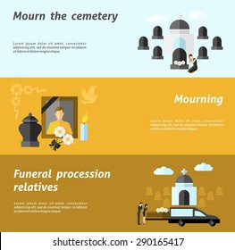 Funeral horizontal banner set with flat cemetery and mourning elements isolated vector illustration