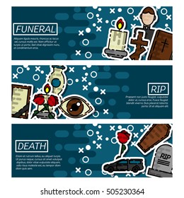 Funeral horizontal banner set with flat cemetery and mourning elements isolated vector illustration
