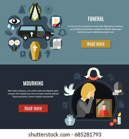 Funeral horizontal banners set with mourning symbols flat isolated vector illustration
