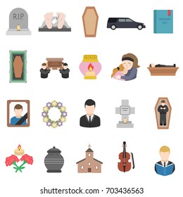 Funeral, icon collection. Isolated illustration on subject burial, cremation, etc