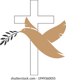 Funeral icon. Cross and dove with sprig. Mourning wishes, condolence. Vector illustration isolated on white background, EPS 10