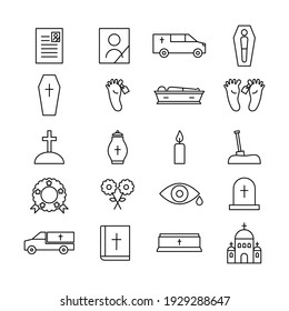 Funeral icon line set. Burial outline symbol collection. Flat style. Vector isolated on white