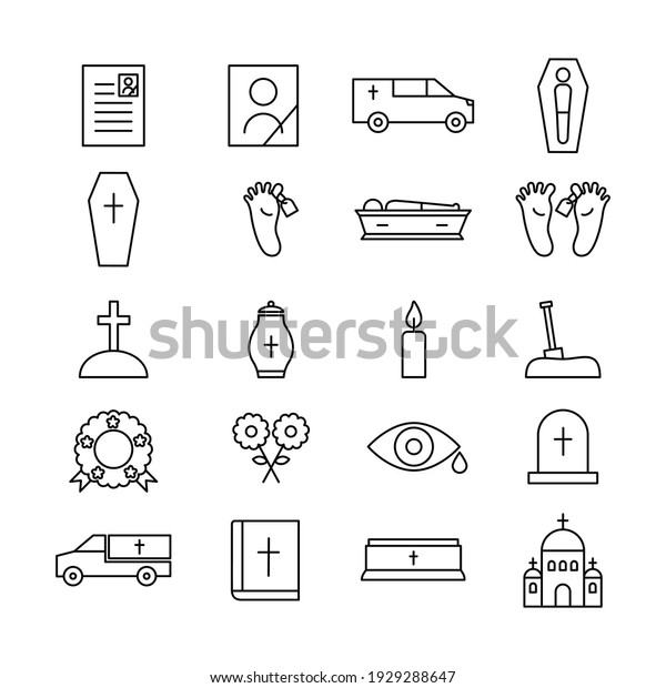 Funeral icon line set. Burial outline\
symbol collection. Flat style. Vector isolated on\
white