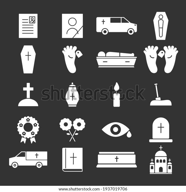 Funeral icon set. Burial elements silhouettes\
symbol collection. Flat style. Religion concept. Vector isolated on\
white	