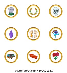 Funeral icon set. Cartoon set of 9 funeral vector icons for web isolated on white background