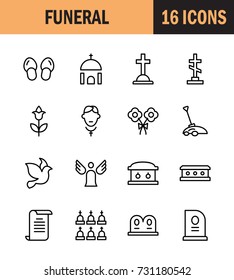 Funeral icon set. Collection of high quality outline Burial pictograms in modern flat style. Black angel, coffin, deth, grave  logo for web design and mobile app on white background.