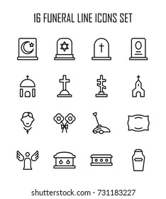 Funeral icon set. Collection of high quality outline Burial pictograms in modern flat style. Black angel, coffin, deth, grave  logo for web design and mobile app on white background.