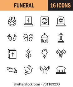 Funeral icon set. Collection of high quality outline Burial pictograms in modern flat style. Black angel, coffin, deth, grave  logo for web design and mobile app on white background.