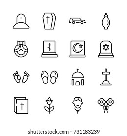Funeral icon set. Collection of high quality outline Burial pictograms in modern flat style. Black angel, coffin, deth, grave  logo for web design and mobile app on white background.