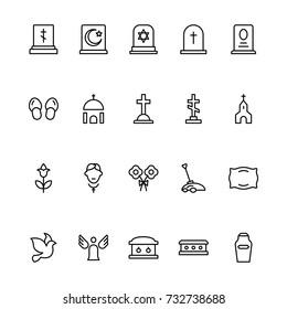 Funeral icon set. Collection of high quality outline Burial pictograms in modern flat style. Black angel, coffin, deth, grave  logo for web design and mobile app on white background.