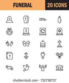 Funeral icon set. Collection of high quality outline Burial pictograms in modern flat style. Black angel, coffin, deth, grave  logo for web design and mobile app on white background.