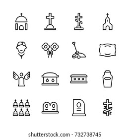 Funeral icon set. Collection of high quality outline Burial pictograms in modern flat style. Black angel, coffin, deth, grave  logo for web design and mobile app on white background.