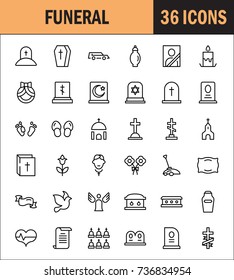 Funeral icon set. Collection of high quality outline Burial pictograms in modern flat style. Black angel, coffin, deth, grave  logo for web design and mobile app on white background.