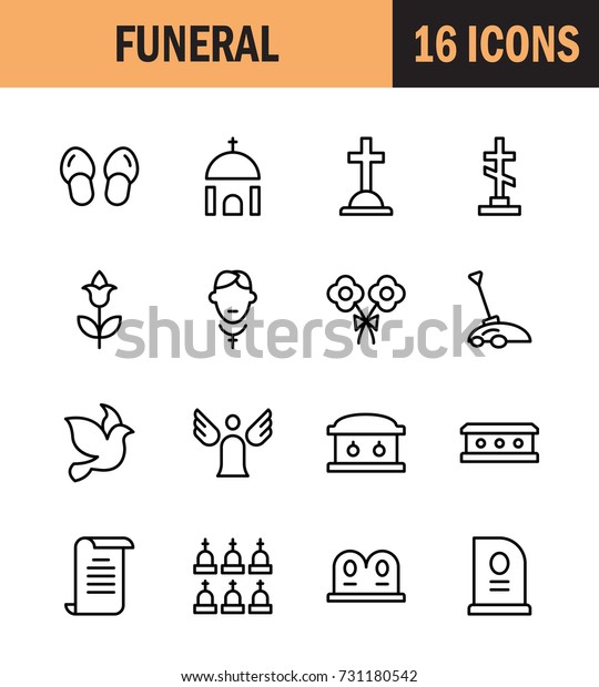 Funeral icon
set. Collection of high quality outline Burial pictograms in modern
flat style. Black angel, coffin, deth, grave  logo for web design
and mobile app on white
background.
