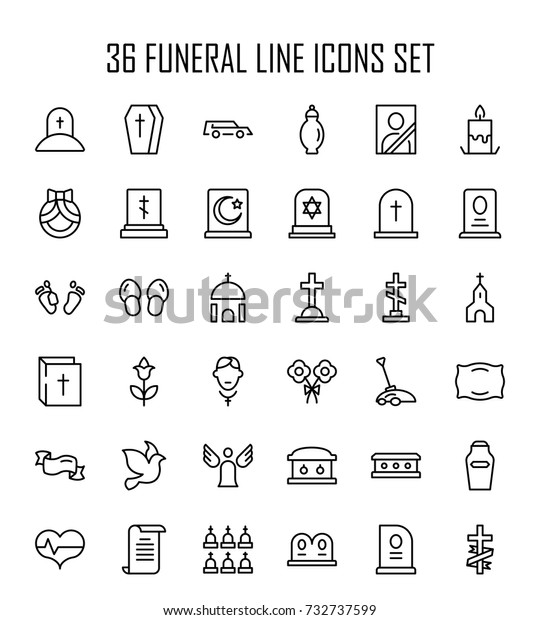 Funeral icon\
set. Collection of high quality outline Burial pictograms in modern\
flat style. Black angel, coffin, deth, grave  logo for web design\
and mobile app on white\
background.