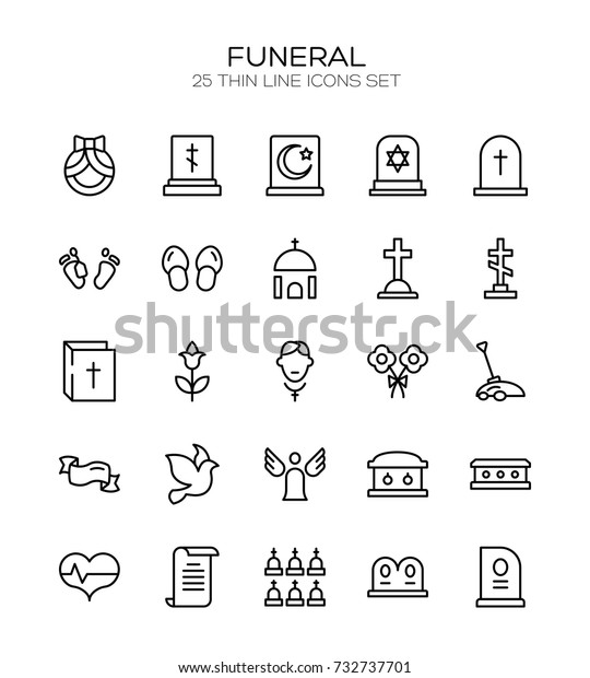 Funeral icon\
set. Collection of high quality outline Burial pictograms in modern\
flat style. Black angel, coffin, deth, grave  logo for web design\
and mobile app on white\
background.