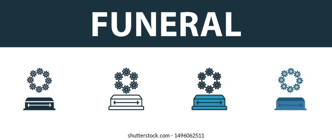 Funeral icon set. Four elements in diferent styles from insurance icons collection. Creative funeral icons filled, outline, colored and flat symbols.