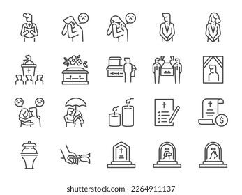 Funeral icon set. Included the icons as death, sorrow, cry, coffin, emotional, and more.