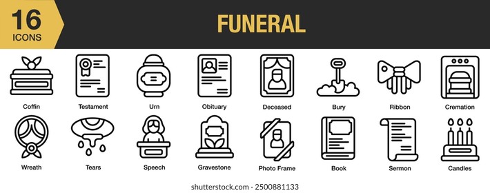 Funeral icon set. Includes book, bury, cremation, coffin, gravestone, obituary, and More. Outline icons vector collection.