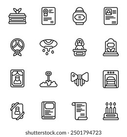 Funeral icon set. Includes book, bury, cremation, coffin, gravestone, obituary, and More. Outline icons vector collection.