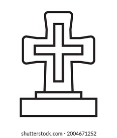 Funeral Icon Vector In A Thin Line Style. Tombstone, Crypt Sign. A Coffin With A Cross.The Symbol Of The Funeral Home. 