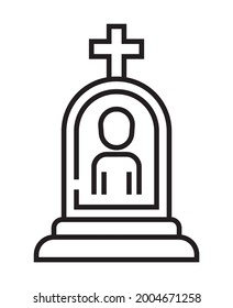 Funeral Icon Vector In A Thin Line Style. Tombstone, Crypt Sign. A Coffin With A Cross.The Symbol Of The Funeral Home. 