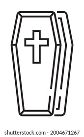 Funeral Icon Vector In Thin Line Style. The Coffin With The Cross On The Lid Is Open.The Symbol Of The Funeral Home. RIP Sign Illustration.