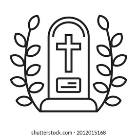 Funeral Icon Vector In Thin Line Style. The Coffin With The Cross.The Symbol Of The Funeral Home. RIP Sign Illustration. Photo Frame With A Dead Woman. Priest, Clergyman, Cleric.