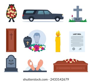 Funeral icons. Funeral accessories. Funeral wreath, coffin, tombstone, urn with ashes, death, priest, corpse, hearse, flowers, will. Ritual services, funeral agency concept. Vector illustration