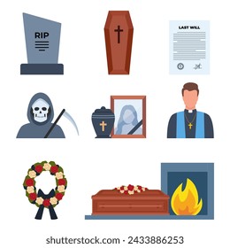 Funeral icons. Funeral accessories. Funeral wreath, coffin, tombstone, urn with ashes, death, priest, corpse, hearse, flowers, will. Ritual services, funeral agency concept. Vector illustration