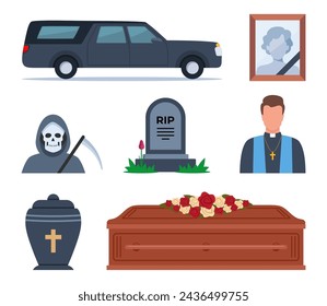 Funeral icons. Funeral accessories. Funeral wreath, coffin, tombstone, urn with ashes, death, priest, corpse, hearse, flowers, will. Ritual services, funeral agency concept. Vector illustration