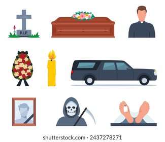 Funeral icons. Funeral accessories. Funeral wreath, coffin, tombstone, urn with ashes, death, priest, corpse, hearse, flowers, will. Ritual services, funeral agency concept. Vector illustration