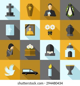 Funeral icons flat long shadow set with ash candle church isolated vector illustration