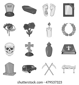 Funeral icons set in black monochrome style. Death and burial set collection vector illustration