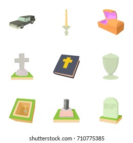 Funeral icons set. Cartoon set of 9 funeral vector icons for web isolated on white background
